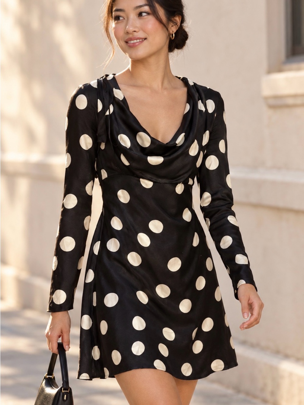 Black and Cream Polka Dot Cowl Neck Mini Dress